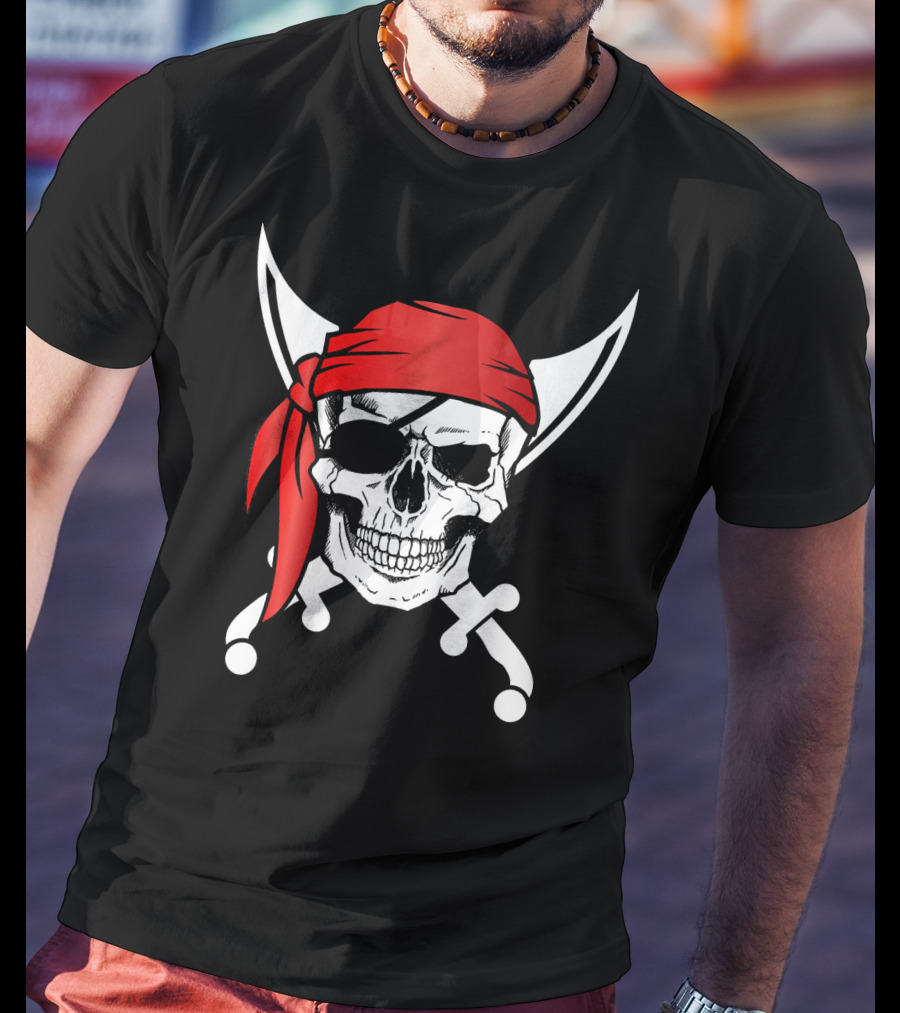 Pirate Skull Red Bandana Crossed Knives Iconic T-Shirt