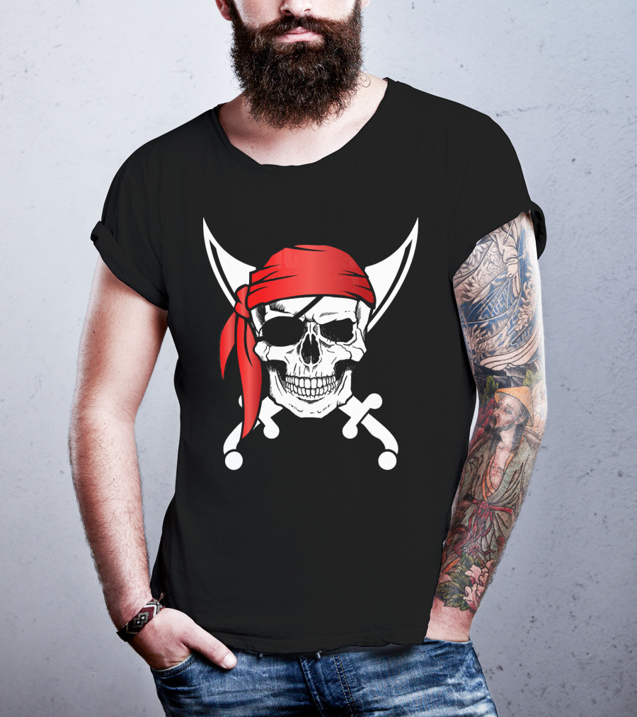 Pirate Skull Red Bandana Crossed Knives Iconic T-Shirt