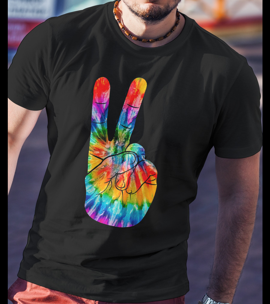 Tie Dye Peace Sign Hand V Victory Love Rainbow T-Shirt