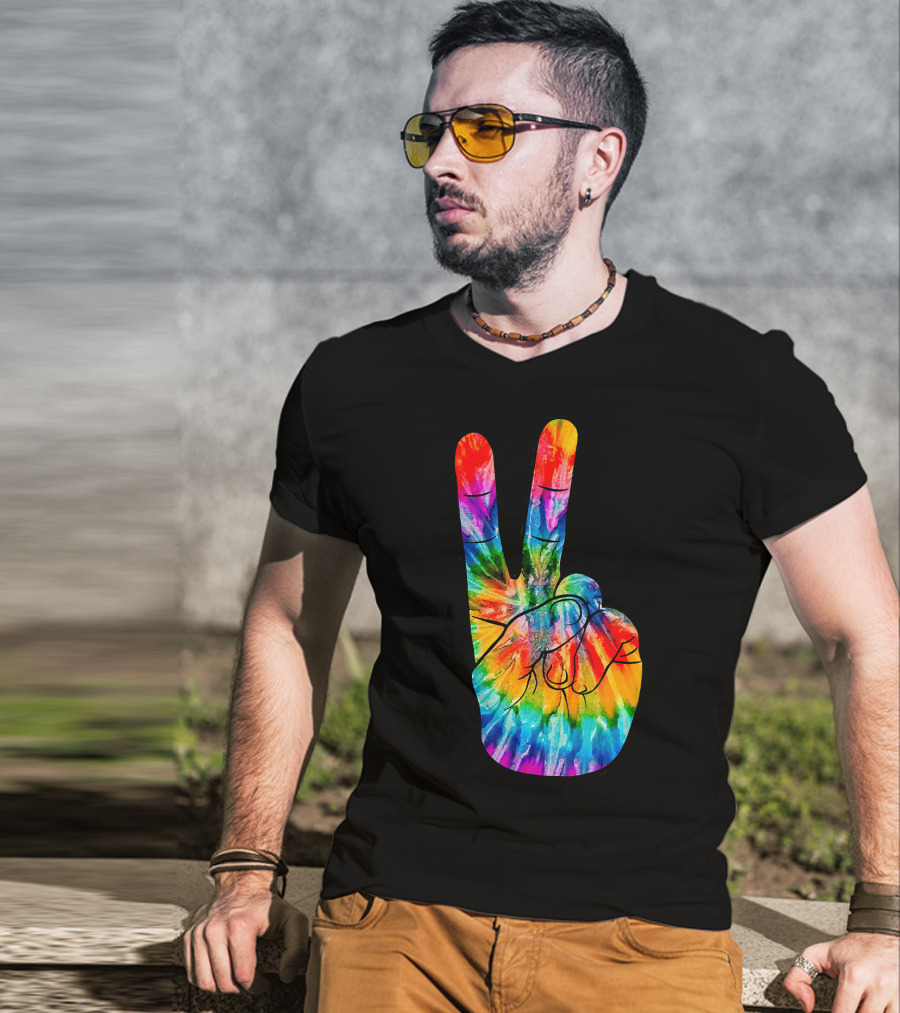 Tie Dye Peace Sign Hand V Victory Love Rainbow T-Shirt