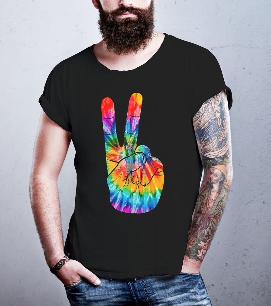 Tie Dye Peace Sign Hand V Victory Love Rainbow T-Shirt