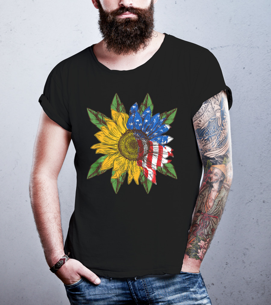 Hippie Peace American Flag Sunflower T-Shirt