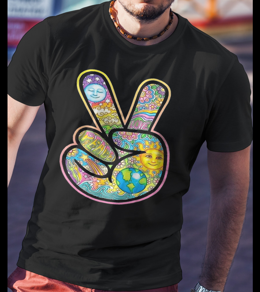 Peace Love Trippy Sun And Moon Psychedelic Earth Groovy Harmony T-Shirt