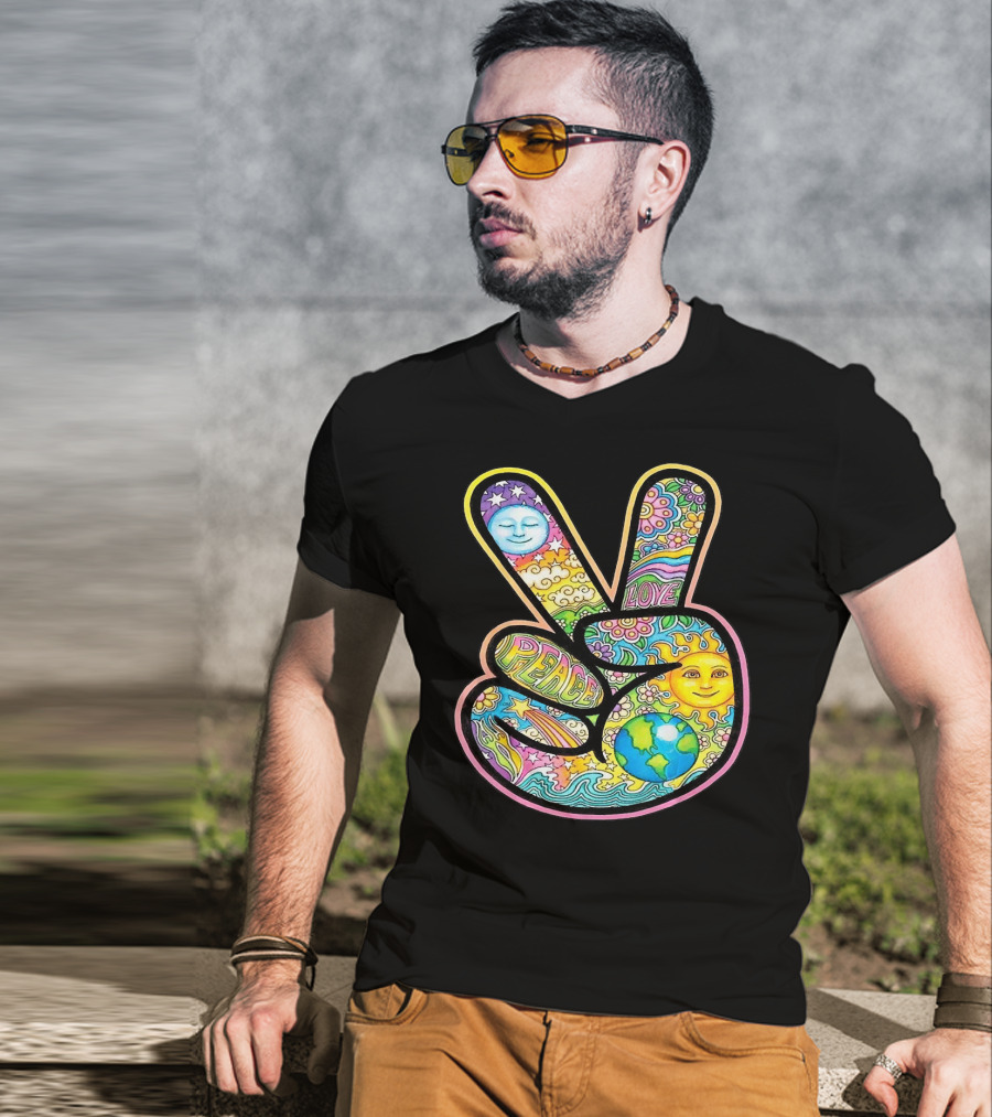Peace Love Trippy Sun And Moon Psychedelic Earth Groovy Harmony T-Shirt