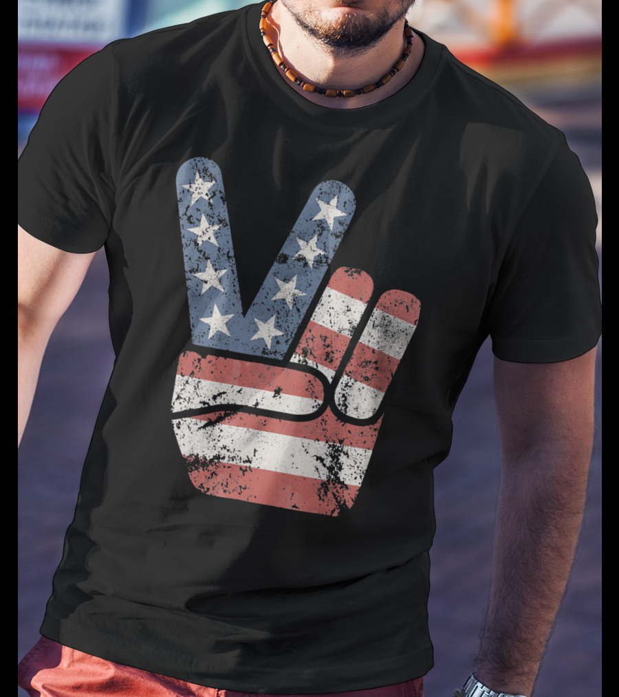USA Big Peace Hand Sign American Flag T-Shirt