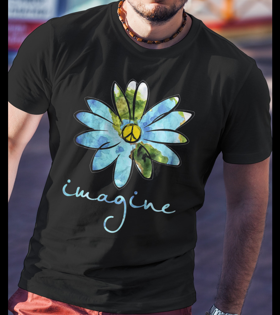 Imagine Peace Sign Flower World Map T-Shirt