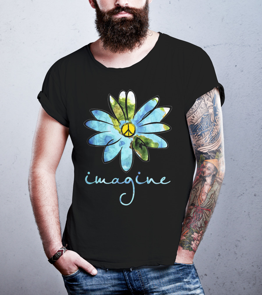 Imagine Peace Sign Flower World Map T-Shirt