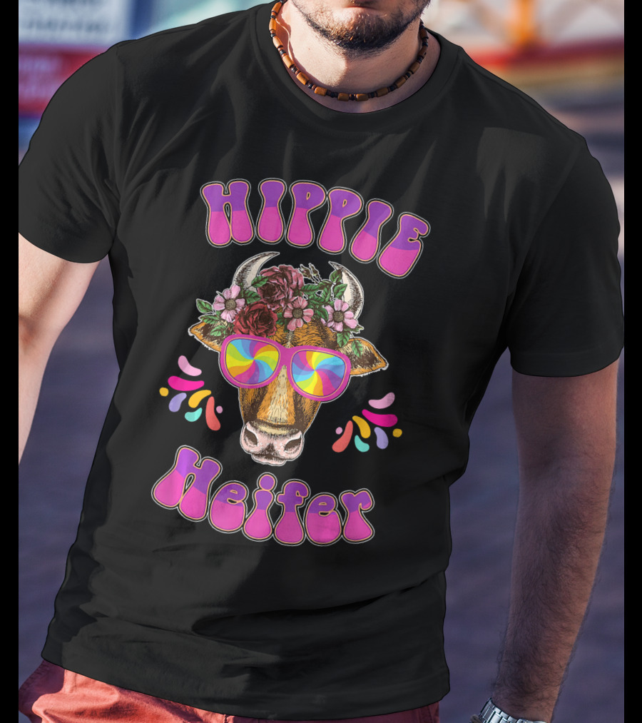 Hippie Heifer Peace Vintage Retro Cow With Floral Crown And Psychedelic Glasses T-Shirt