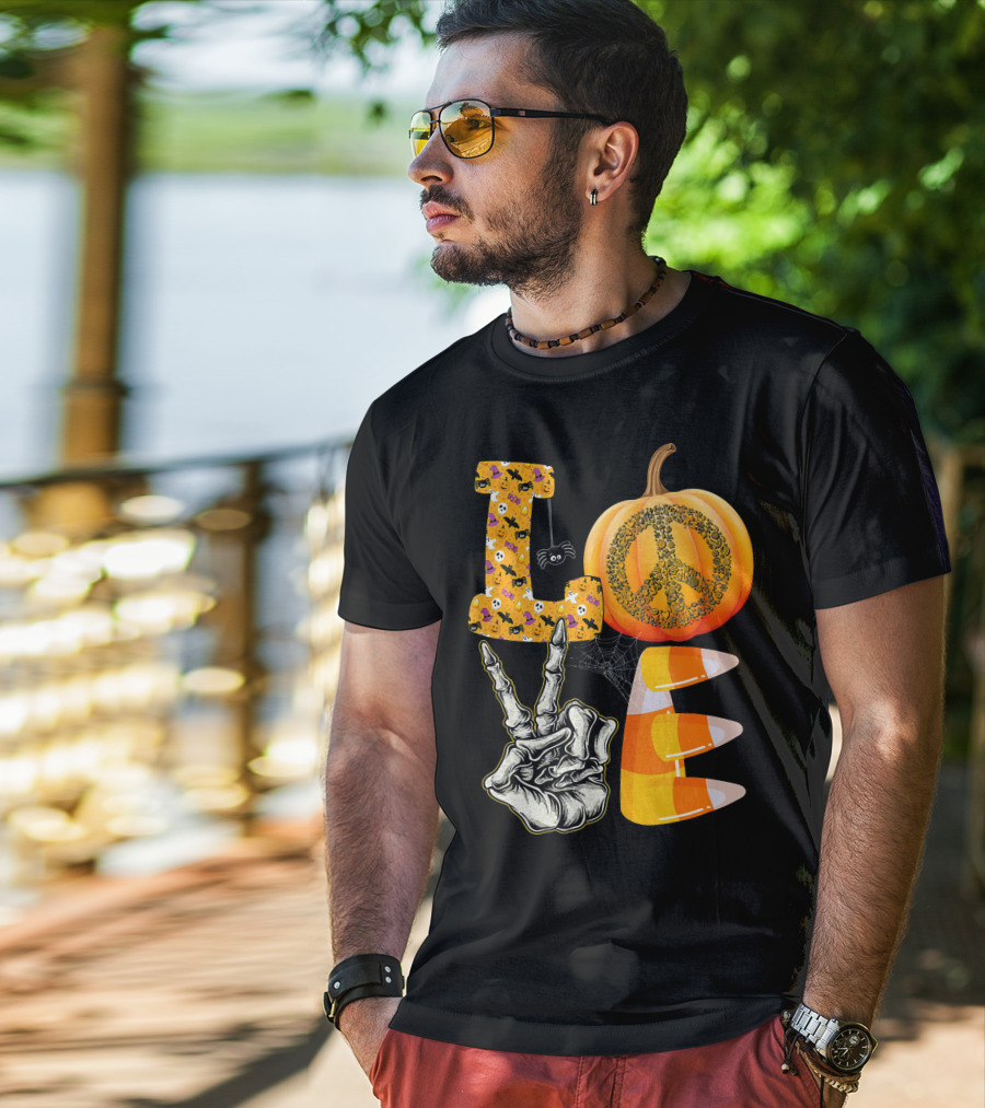 LOVE Halloween Peace Pumpkin Skeleton V Candy Corn T-Shirt
