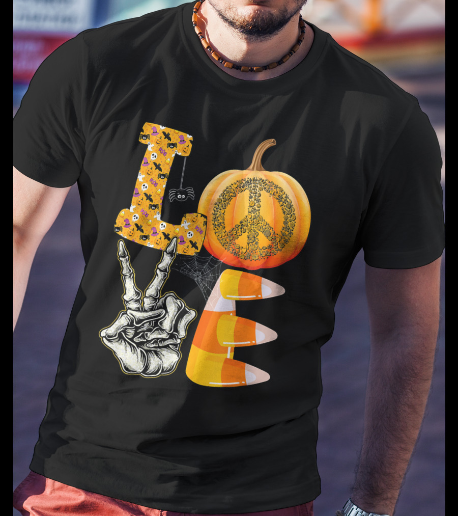LOVE Halloween Peace Pumpkin Skeleton V Candy Corn T-Shirt