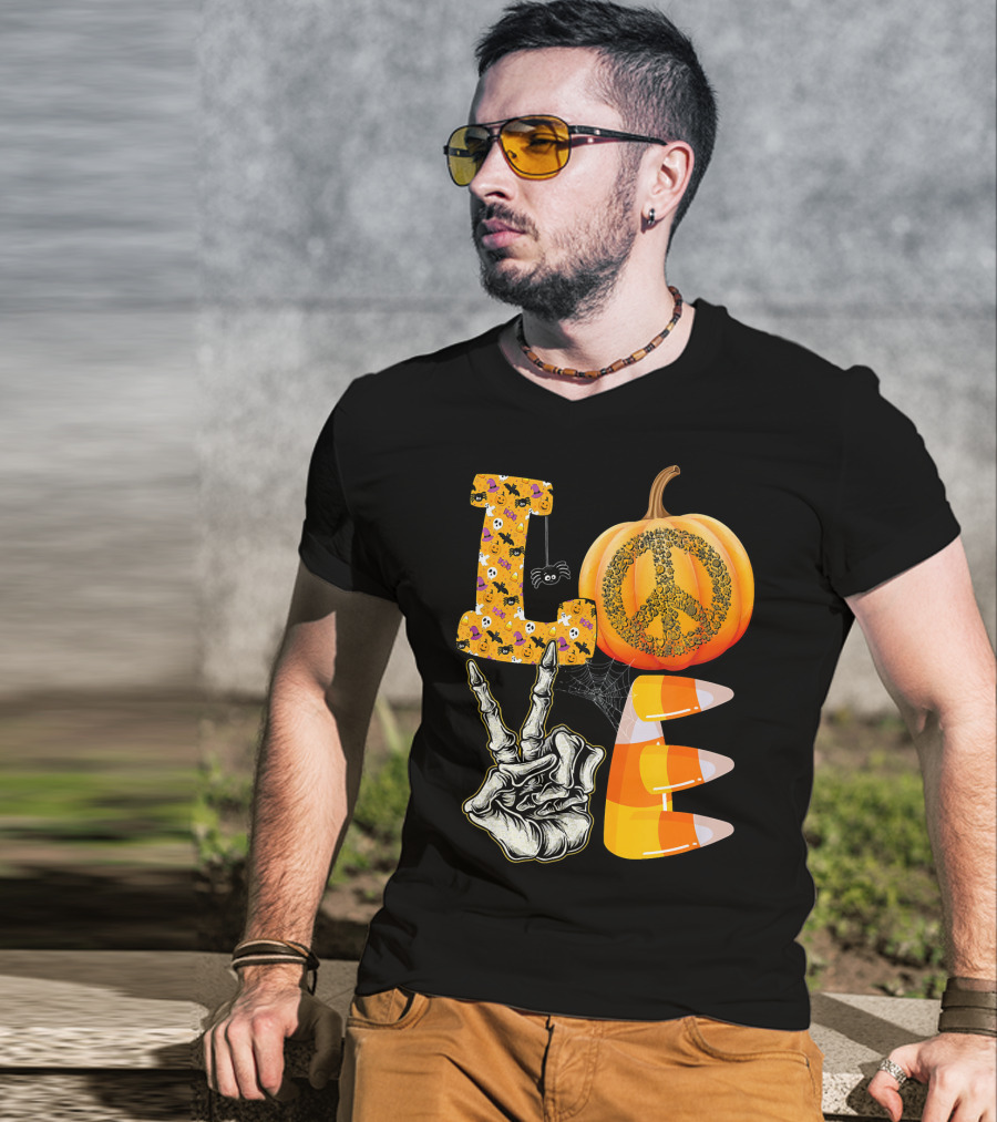 LOVE Halloween Peace Pumpkin Skeleton V Candy Corn T-Shirt