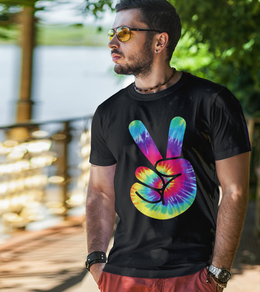 Groovy Tie Dye Peace Sign Two Finger Gesture T-Shirt