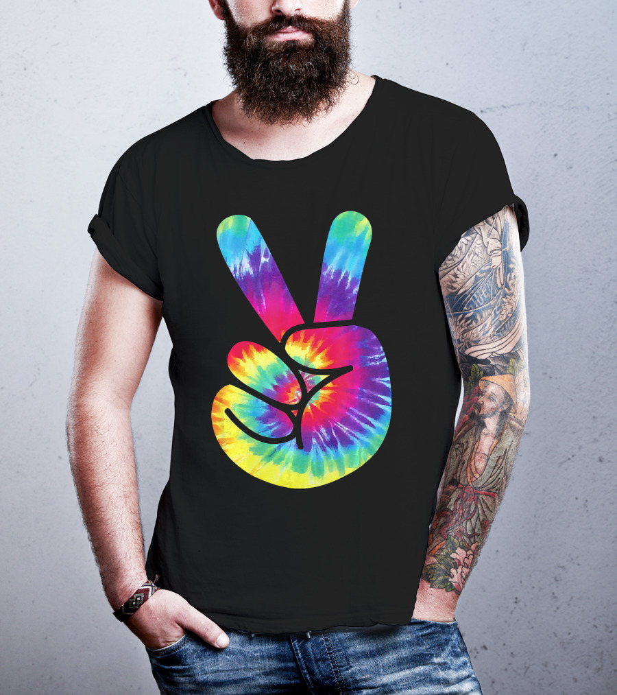 Groovy Tie Dye Peace Sign Two Finger Gesture T-Shirt
