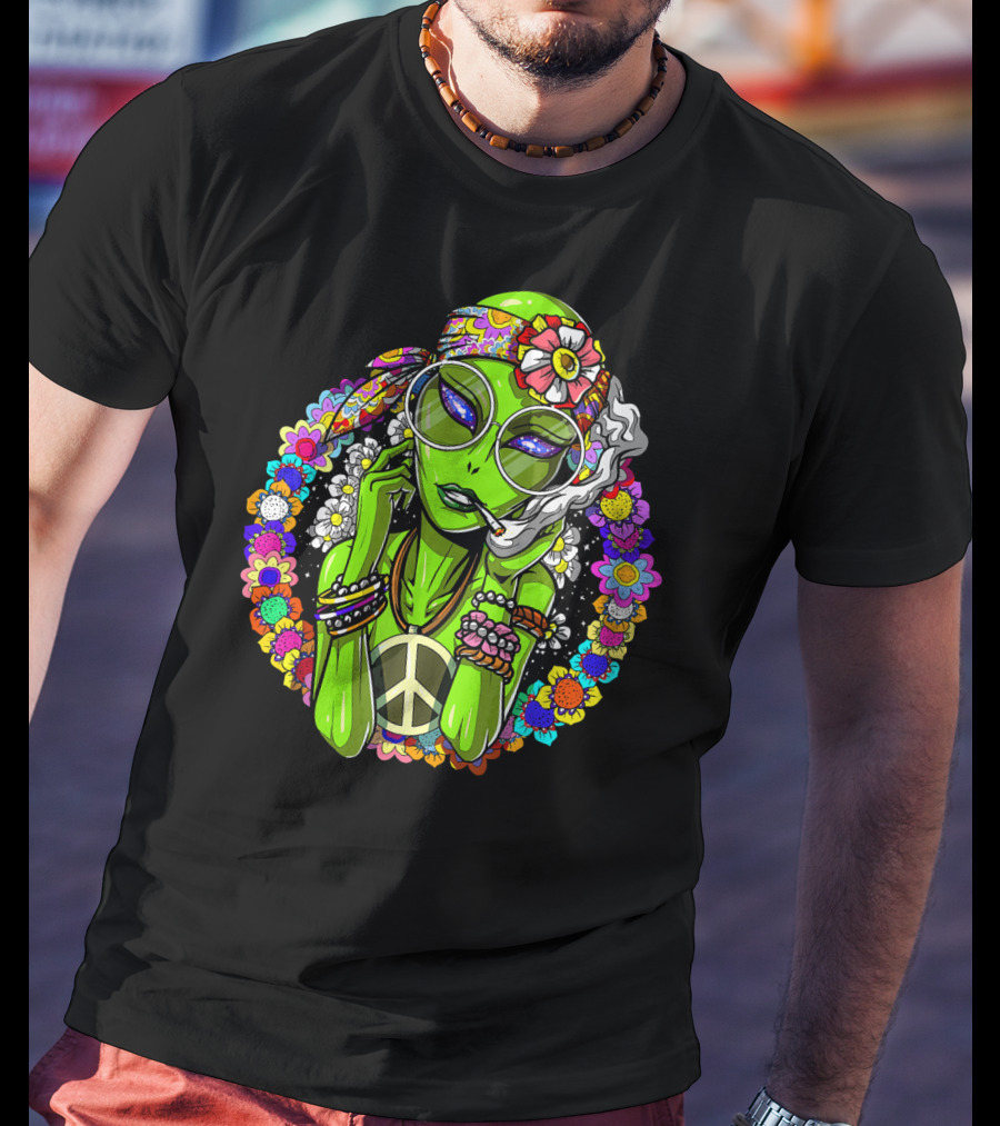 Psychedelic Hippie Alien Smoking With Peace Symbol Surrounded By Vibrant Flowers T-Shirt