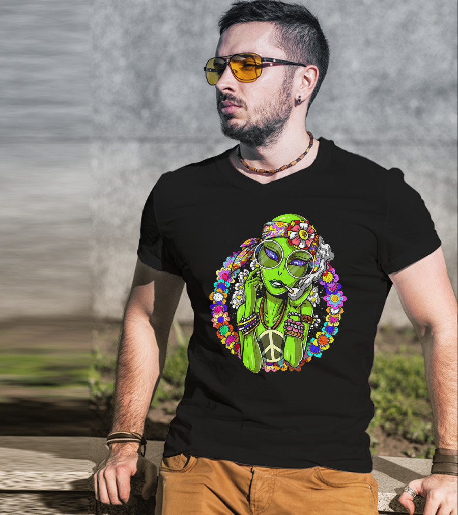 Psychedelic Hippie Alien Smoking With Peace Symbol Surrounded By Vibrant Flowers T-Shirt