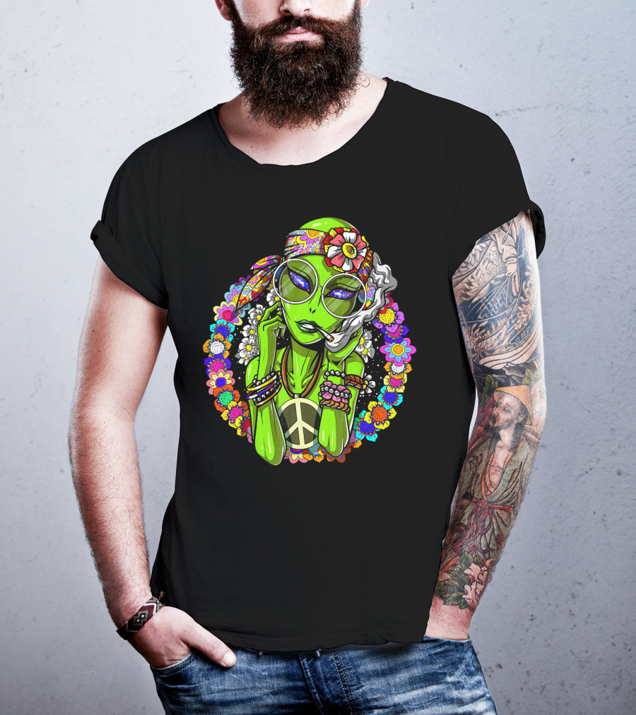 Psychedelic Hippie Alien Smoking With Peace Symbol Surrounded By Vibrant Flowers T-Shirt