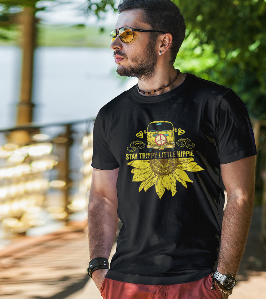 Stay Trippy Little Hippie Peace Sign Bus With Sunflower And Hearts T-Shirt