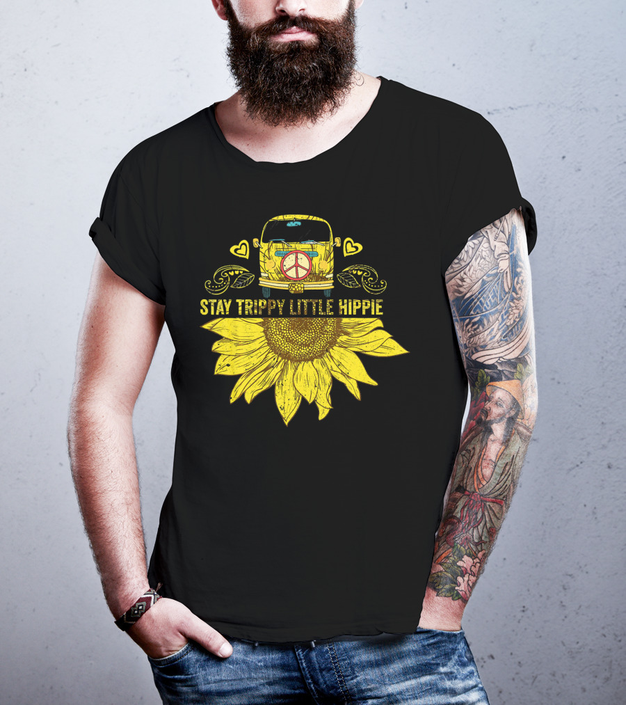 Stay Trippy Little Hippie Peace Sign Bus With Sunflower And Hearts T-Shirt