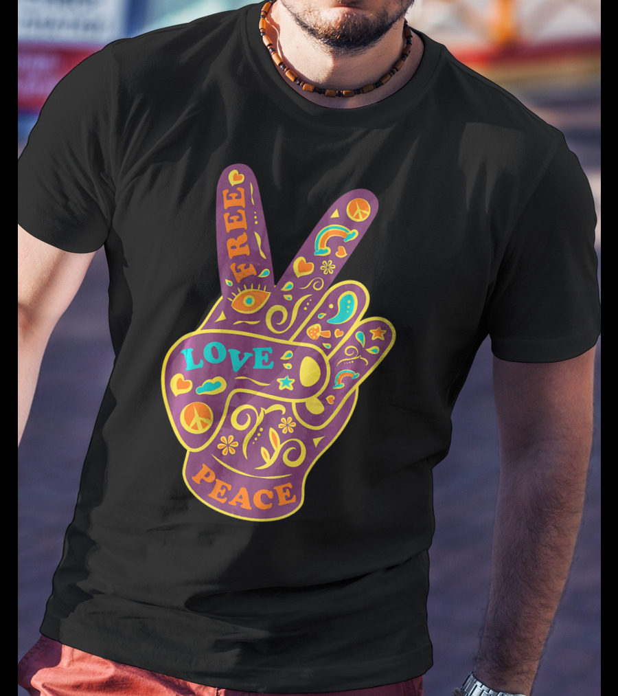 Free Love Peace Bohemian Boho Chic Peace Sign Hand T-Shirt