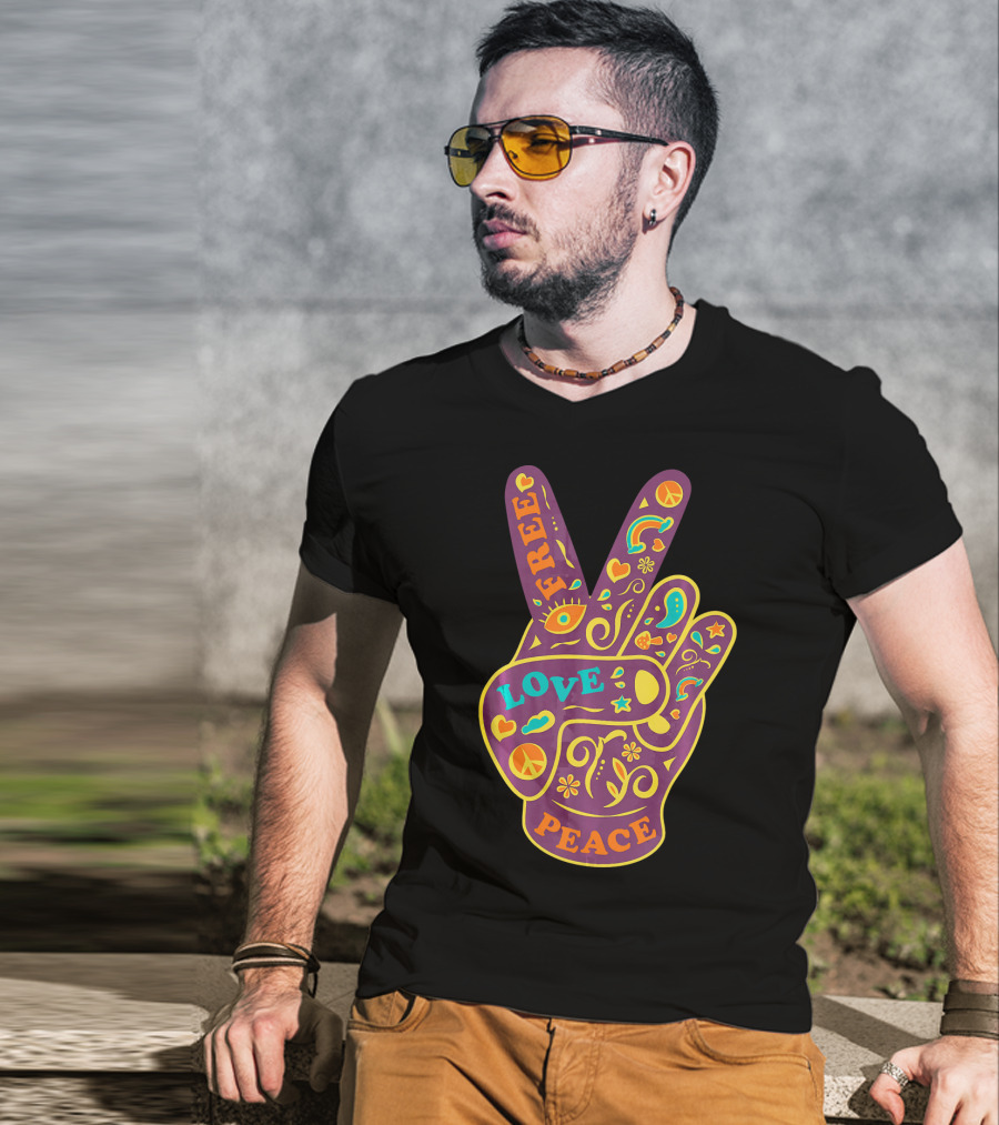 Free Love Peace Bohemian Boho Chic Peace Sign Hand T-Shirt