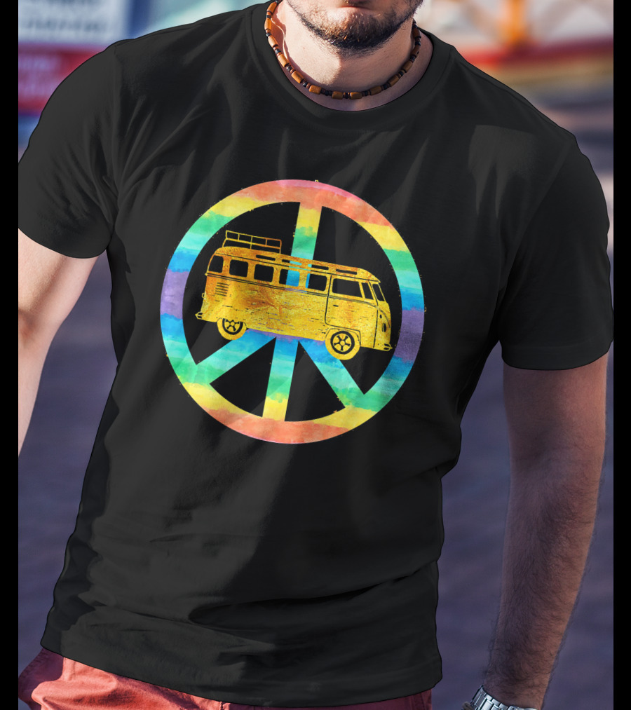 Vintage Hippie Bus Rainbow Van Peace Sign T-Shirt