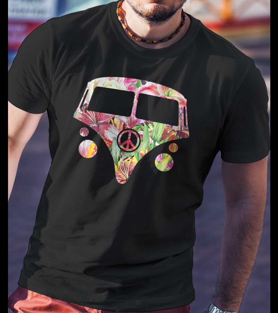 Peace Sign Floral Hippy Camper Van With Colorful Flower T-Shirt