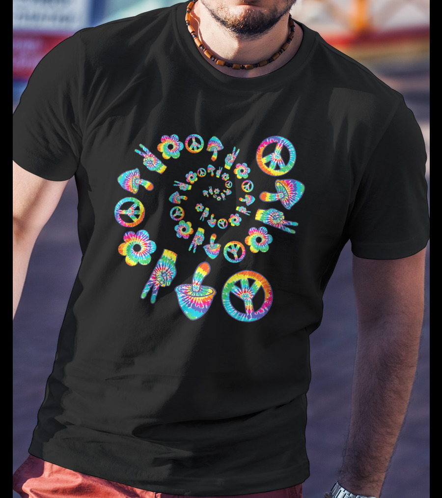 Trippy Peace Sign Tie-Dye Spiral With Colorful Hippie Mushroom And Flower Symbols T-Shirt