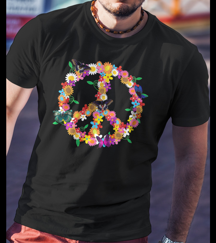 Fluttering Spring Flowers Peace Sign T-Shirt