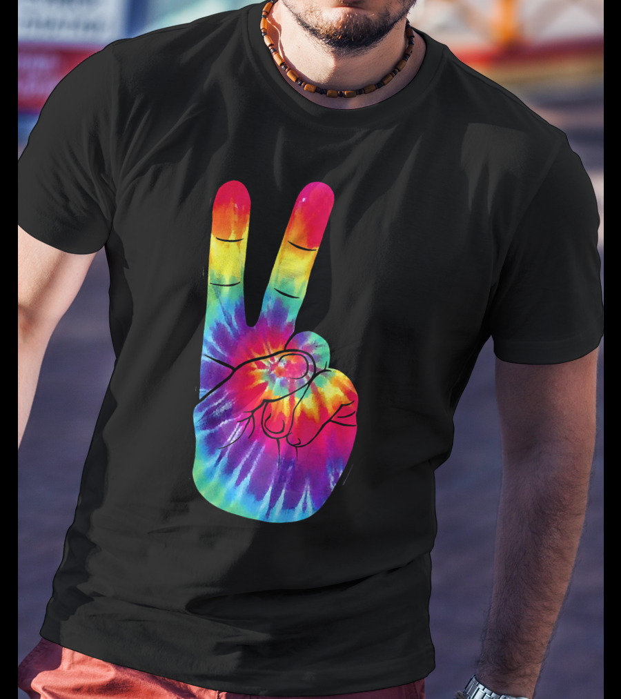 Tie Dye Peace Sign Hand Gesture Rainbow Victory T-Shirt