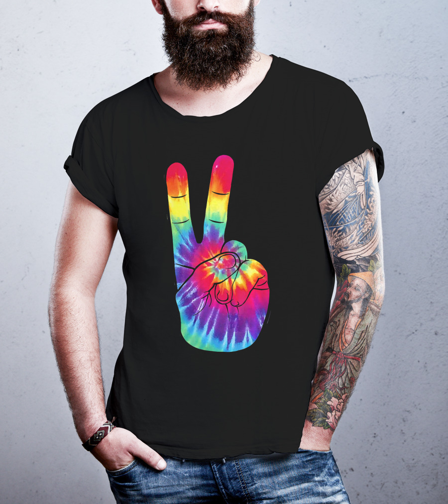 Tie Dye Peace Sign Hand Gesture Rainbow Victory T-Shirt