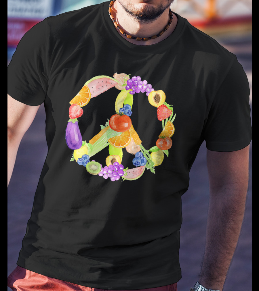 Vegan Fruits Vegetables Peace Sign Watermelon Orange Strawberry Eggplant Banana Kiwi T-Shirt