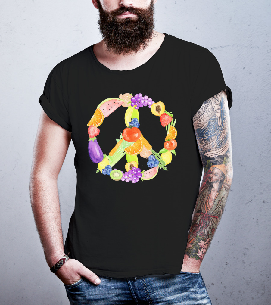 Vegan Fruits Vegetables Peace Sign Watermelon Orange Strawberry Eggplant Banana Kiwi T-Shirt