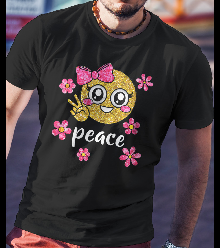 Cute Kawaii Emoji Glitter Peace Sign With Pink Flowers T-Shirt