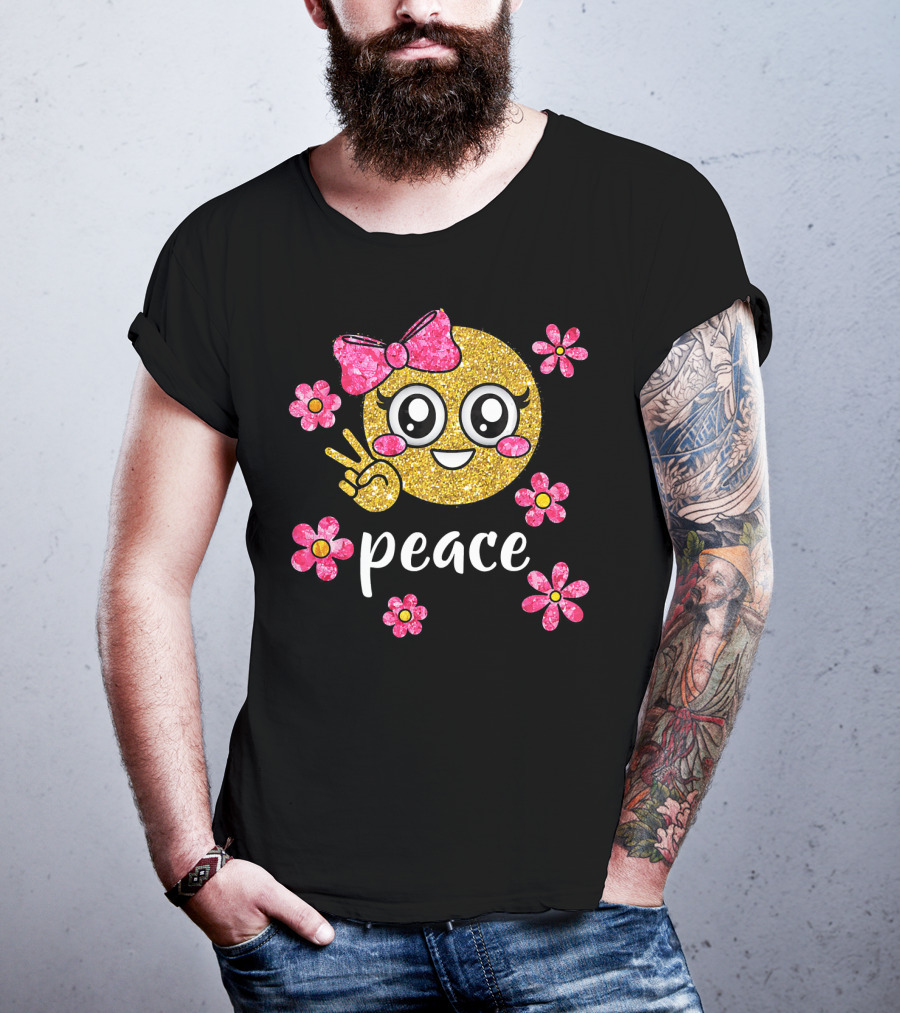 Cute Kawaii Emoji Glitter Peace Sign With Pink Flowers T-Shirt