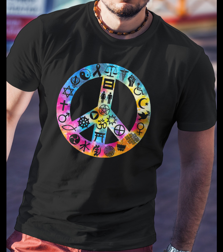 Human Rights Peace Symbol Tie Dye With Diverse Religious And Cultural Icons T-Shirt