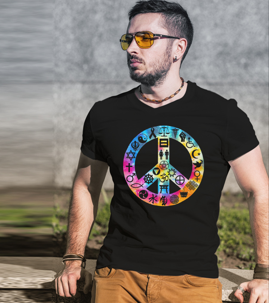 Human Rights Peace Symbol Tie Dye With Diverse Religious And Cultural Icons T-Shirt