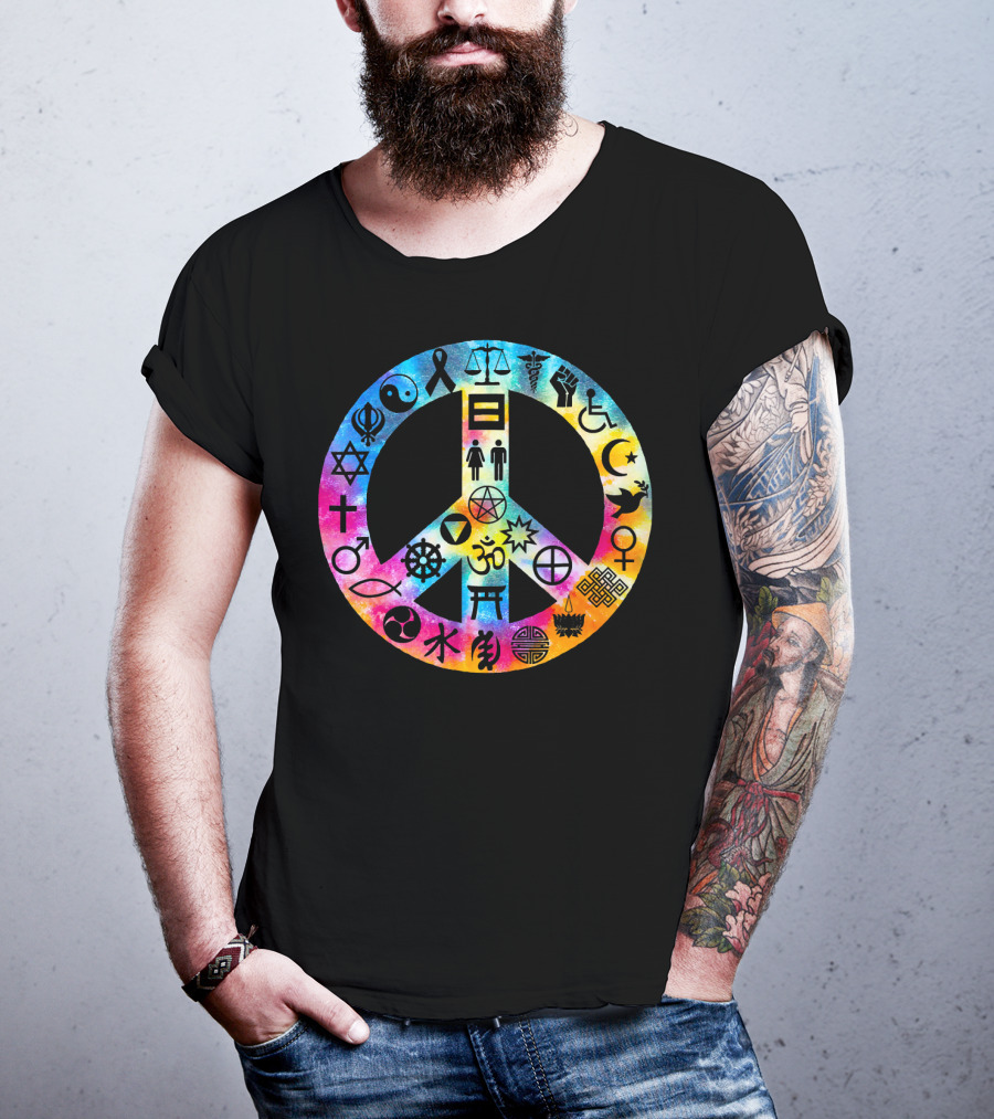 Human Rights Peace Symbol Tie Dye With Diverse Religious And Cultural Icons T-Shirt