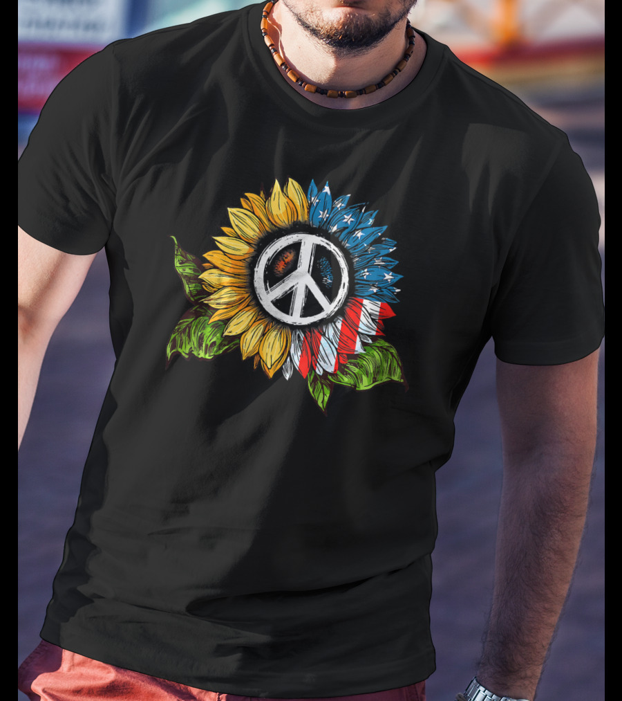 Sunflower Peace Sign American Flag T-Shirt