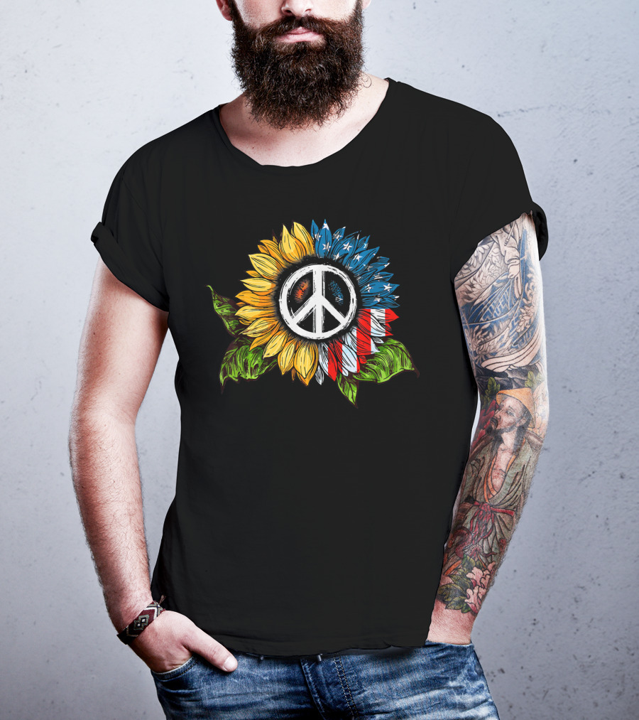 Sunflower Peace Sign American Flag T-Shirt