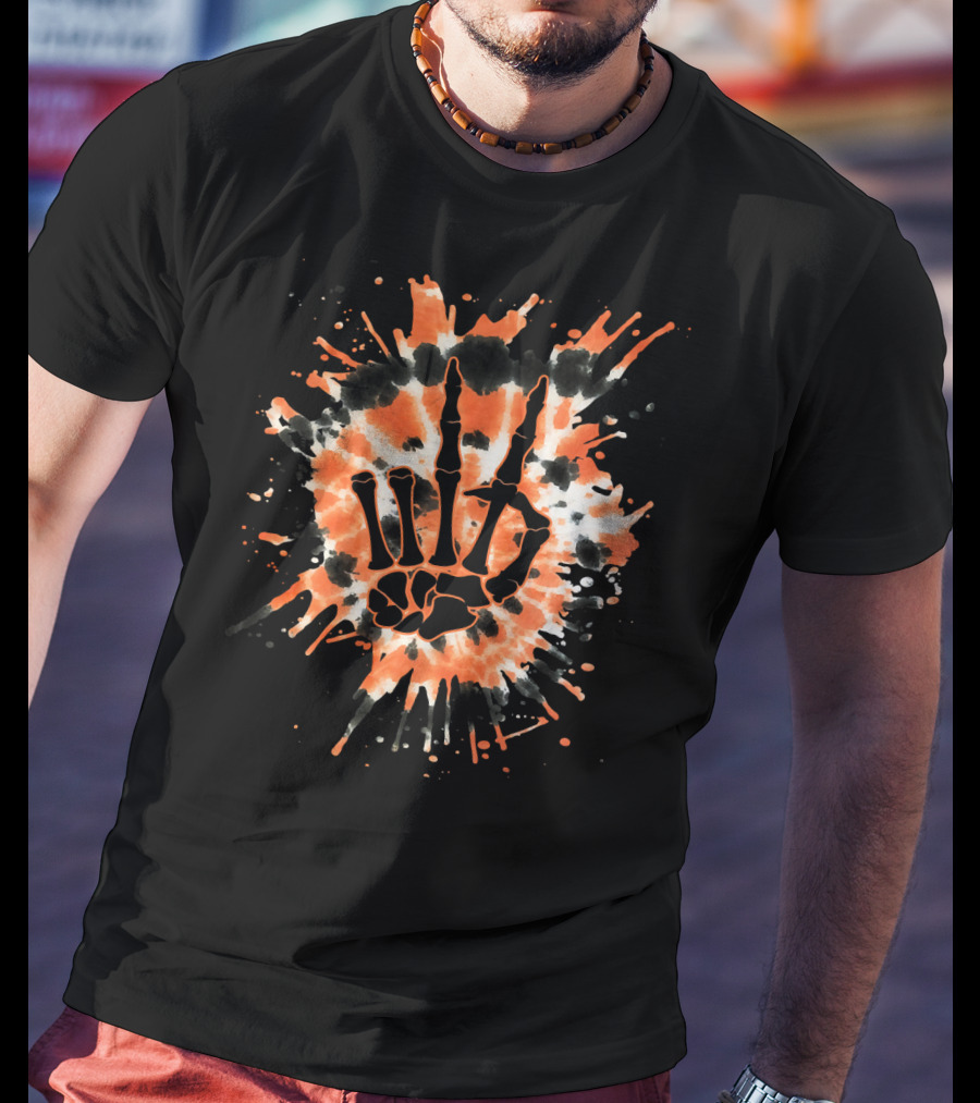 Orange Tie Dye Skeleton Hand Peace Sign T-Shirt