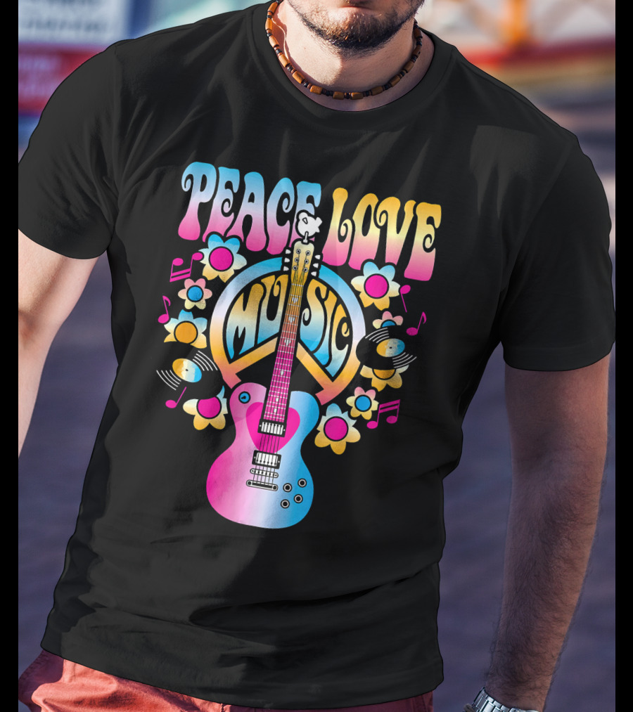PEACE LOVE MUSIC Retro Rock And Roll Guitar Groovy 60s Style With Flowers And Peace T-Shirt