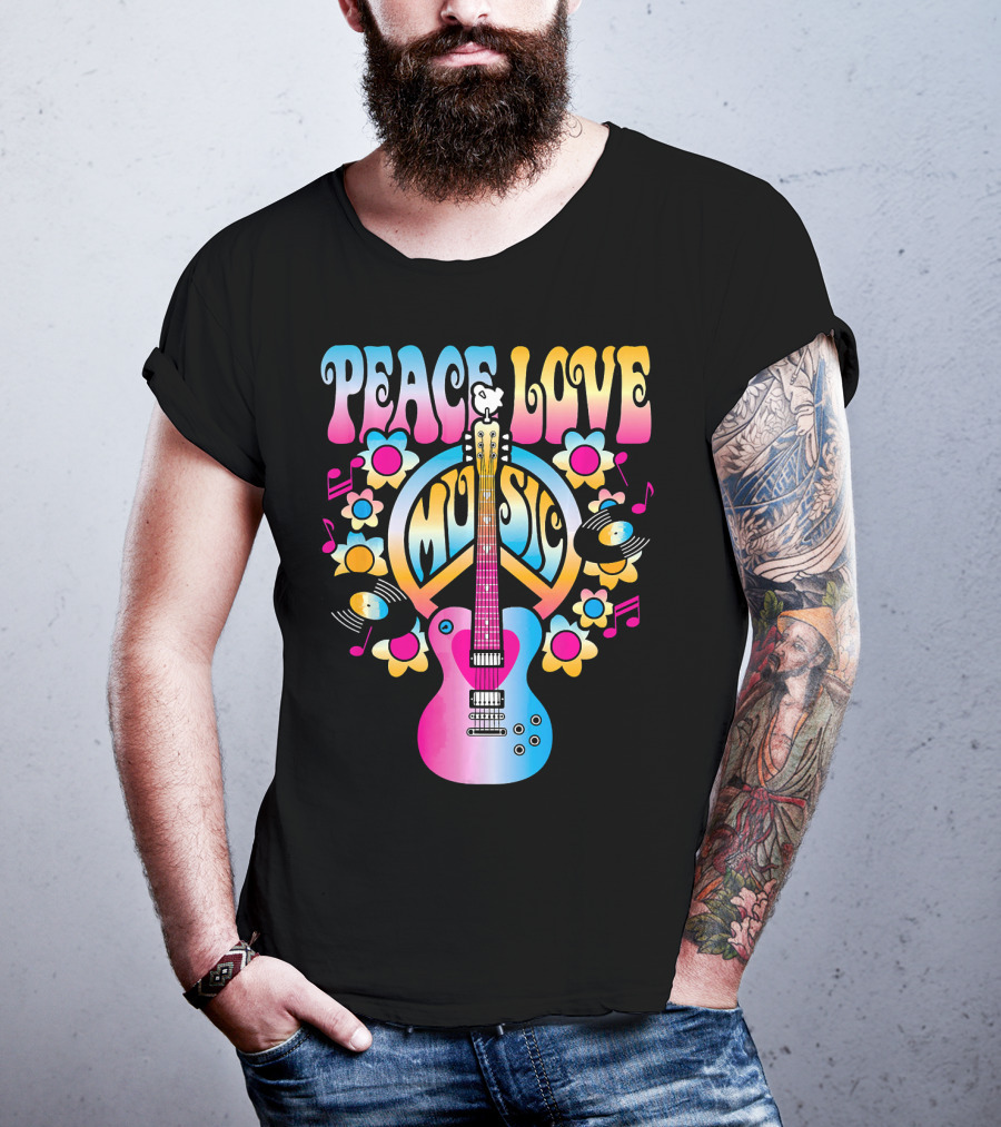 PEACE LOVE MUSIC Retro Rock And Roll Guitar Groovy 60s Style With Flowers And Peace T-Shirt
