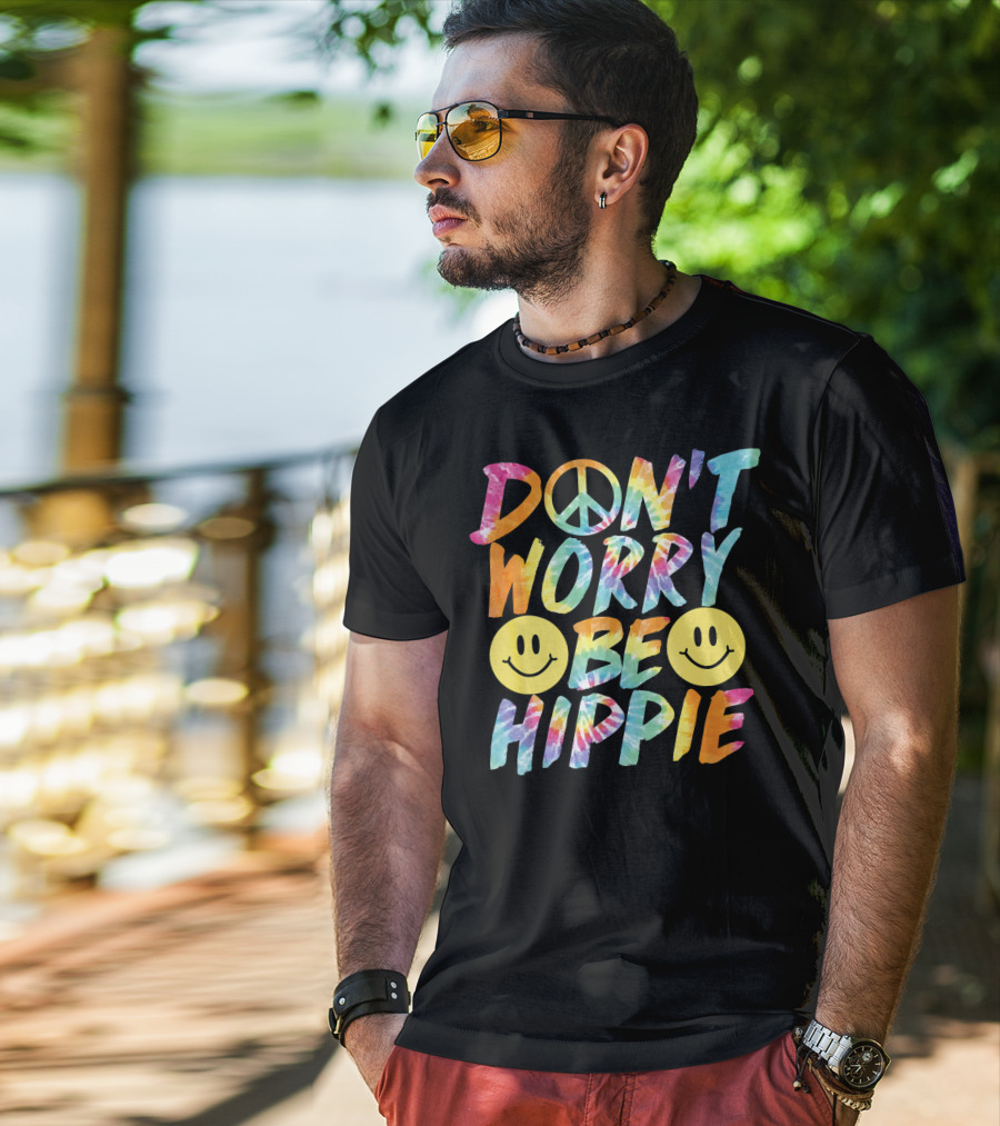 Don't Worry Be Hippie Tie Dye Style Peace Symbol Smiley Face T-Shirt