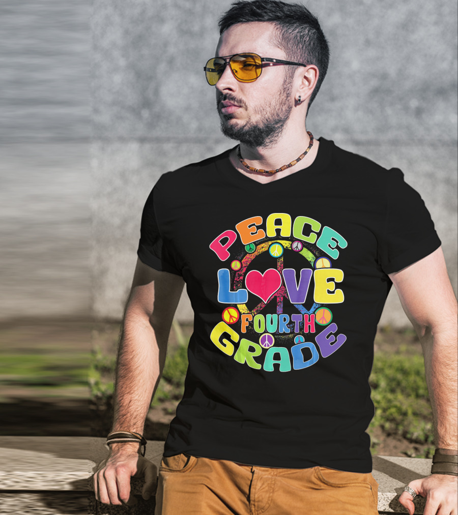 Peace Love Fourth Grade Back To School Groovy Rainbow Peace Signs T-Shirt
