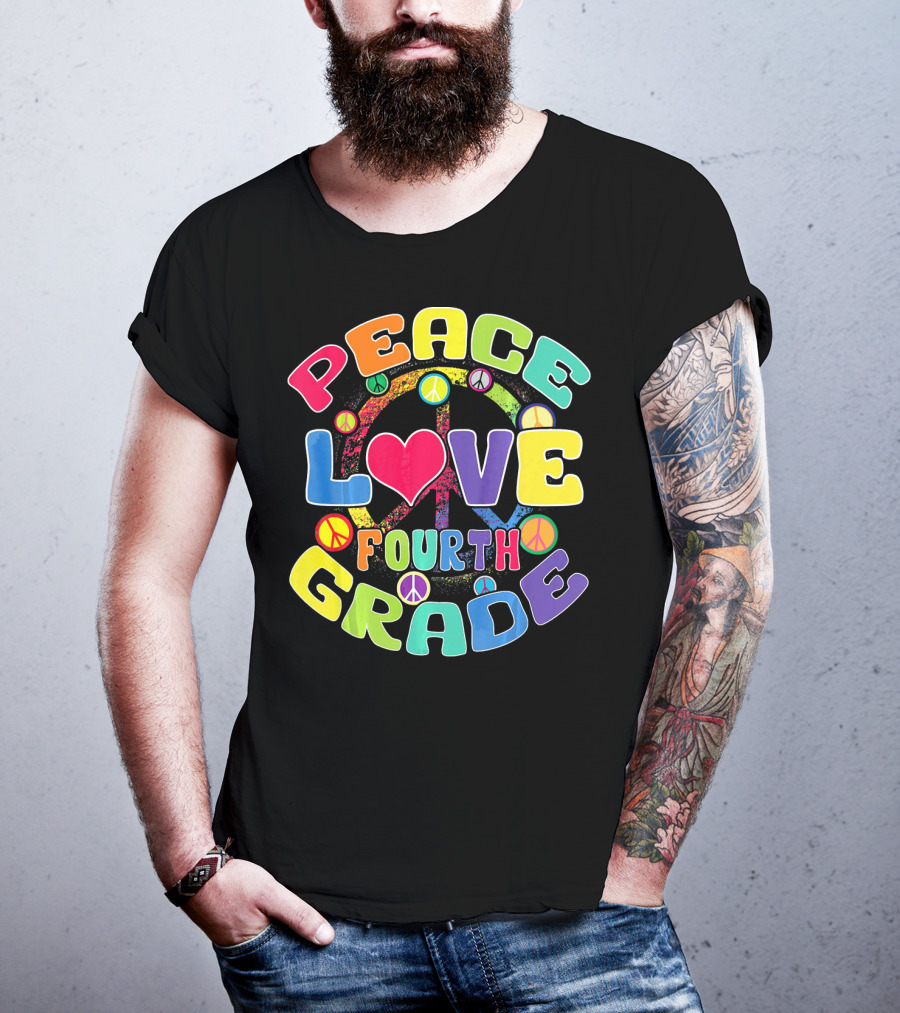 Peace Love Fourth Grade Back To School Groovy Rainbow Peace Signs T-Shirt