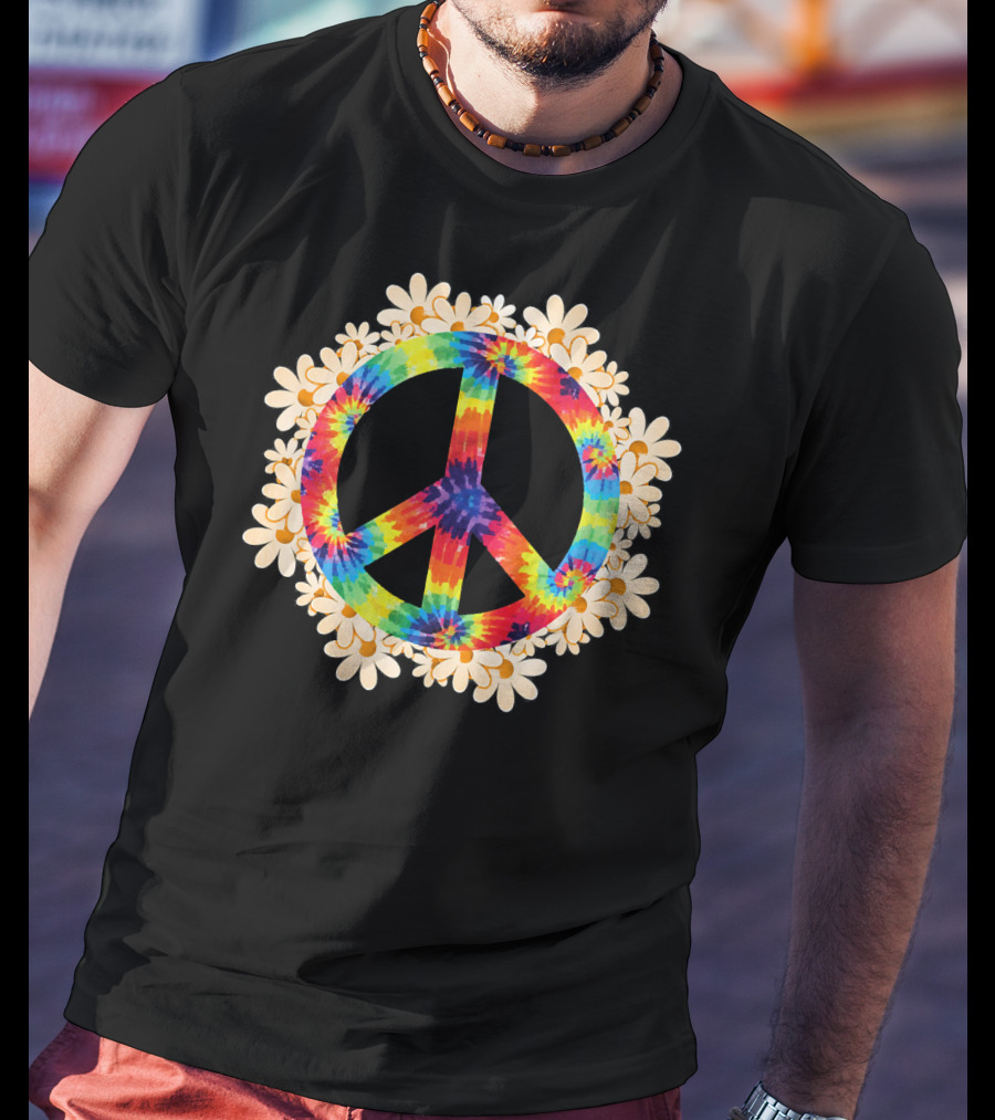 Rainbow Tie-Dye Peace Sign With Daisy Border T-Shirt