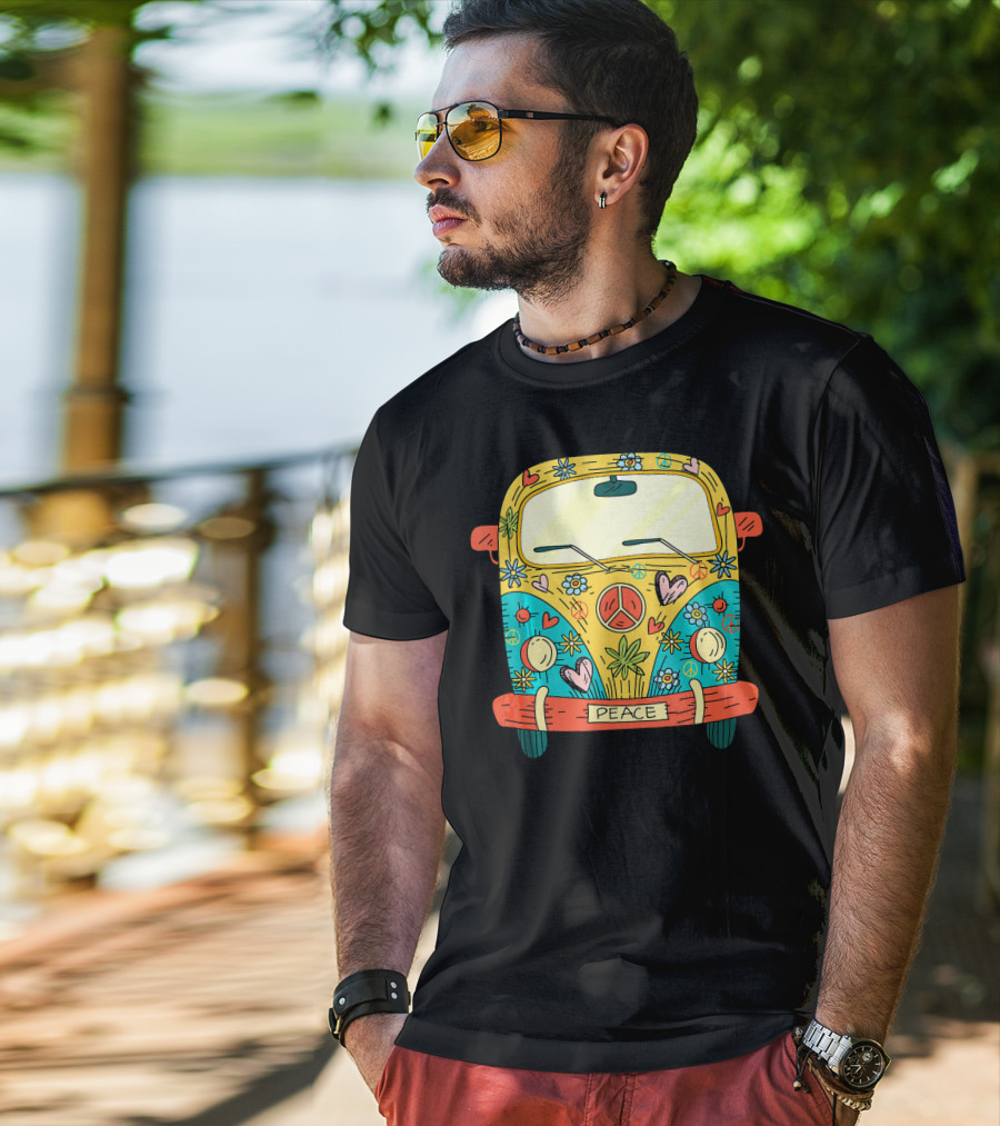 Peace Hippie Van Colorful Flowers And Hearts T-Shirt