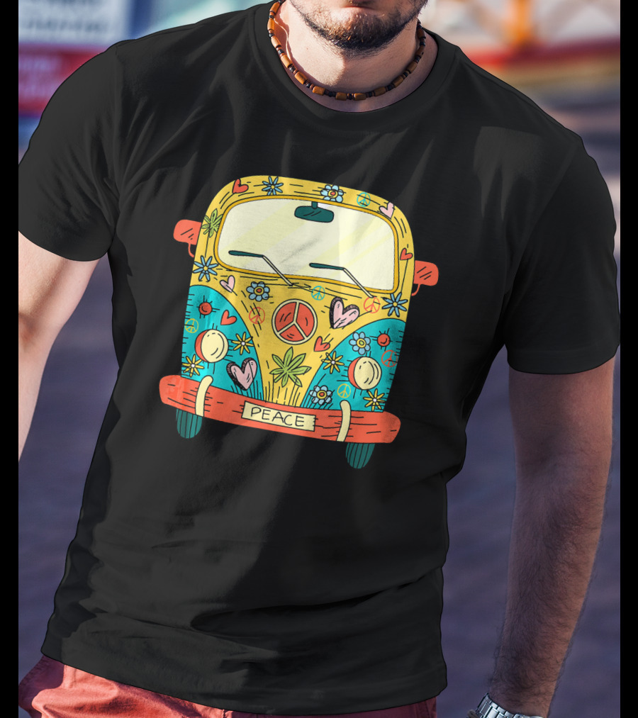 Peace Hippie Van Colorful Flowers And Hearts T-Shirt