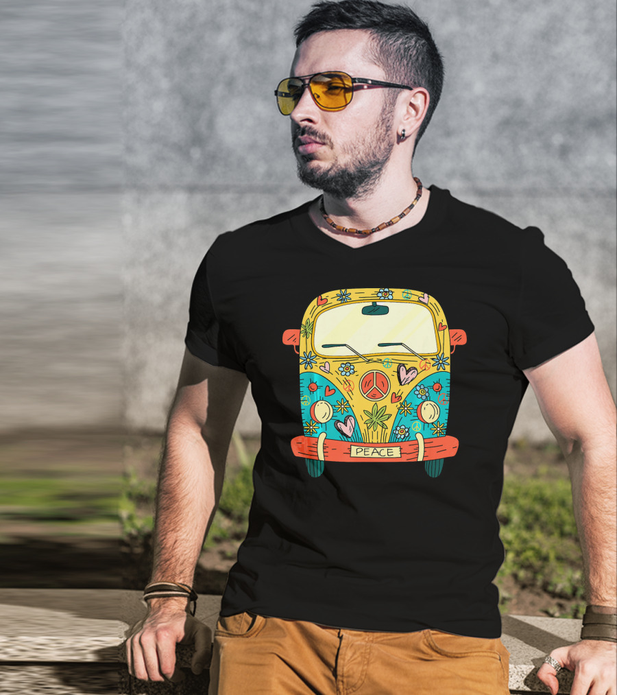 Peace Hippie Van Colorful Flowers And Hearts T-Shirt