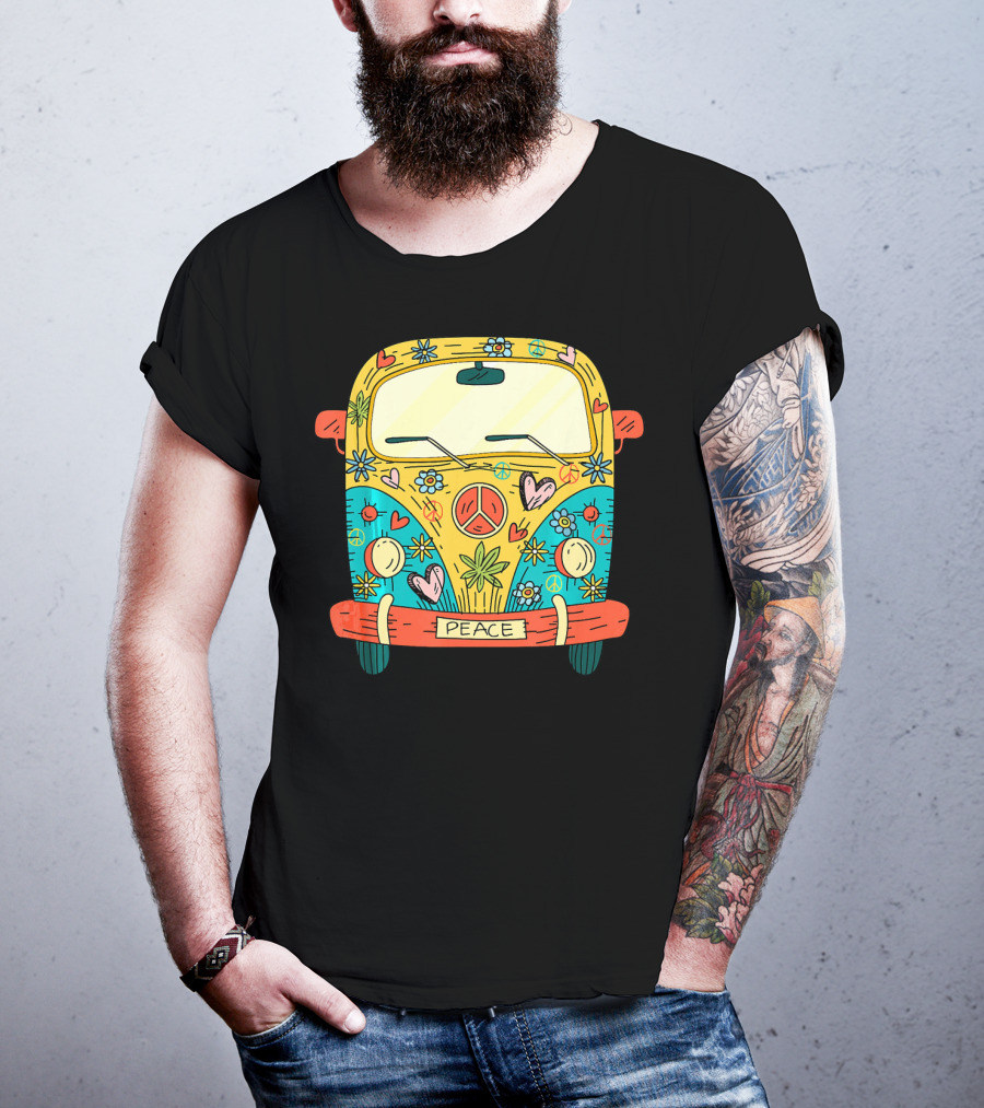 Peace Hippie Van Colorful Flowers And Hearts T-Shirt